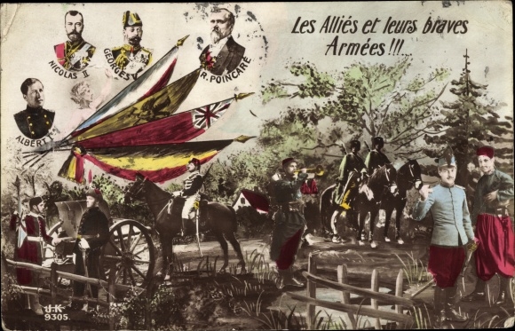 Ansichtkaart Triple Entente plus België, Poincare, tsaar Nicolaus II ...